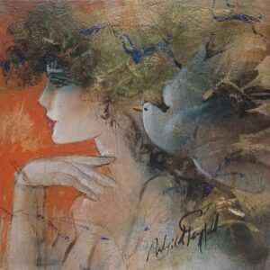 ΓΕΩΡΓΑΝΤΑ Κ.- ΓΥΝΑΙΚΑ ΜΕ ΠΕΡΙΣΤΕΡΙ, ΛΑΔΙ ΣΕ ΜΟΥΣΑΜΑ, 50Χ50εκ